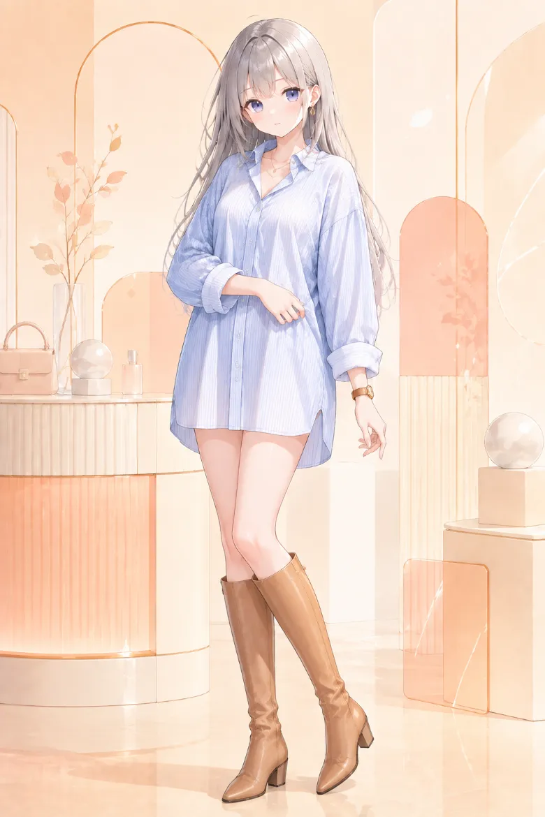 AIイラスト版｜淡いブルーのオーバーサイズストライプシャツにキャメル系ロングブーツを合わせたシャツワンピ風コーデ