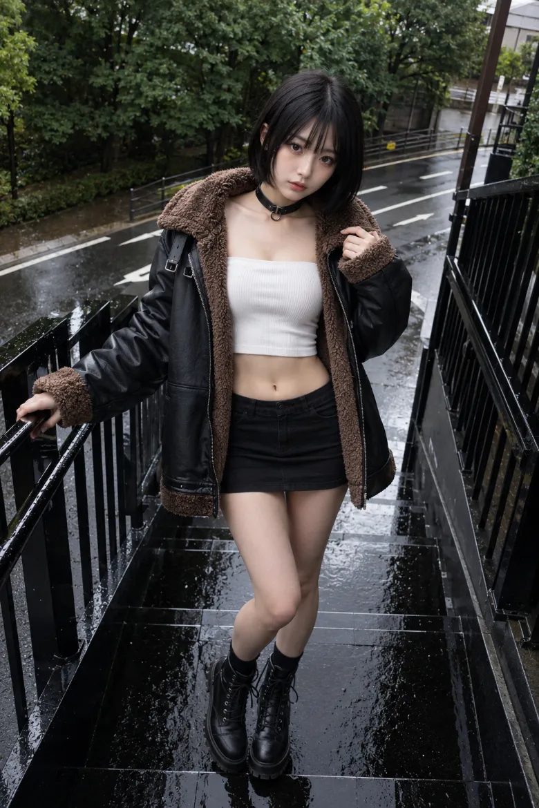実写AI美女版｜黒のオーバーサイズムートン風レザージャケットに白クロップドトップと黒タイトミニ、コンバットブーツを合わせたコーデ