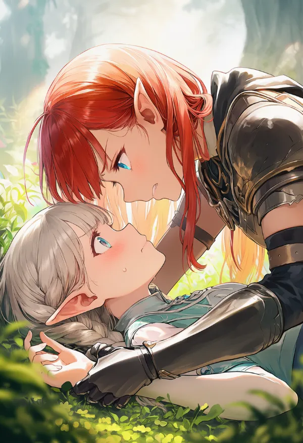 戦場で赤髪の女性エルフ戦士が仰向けの銀髪エルフを押さえ込む横アングルのAIイラスト