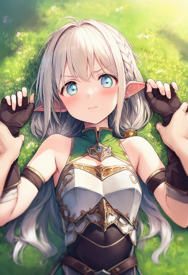 戦場で仰向けの銀髪エルフを押さえ込むPOV視点(上から押さえつける)のAIイラスト
