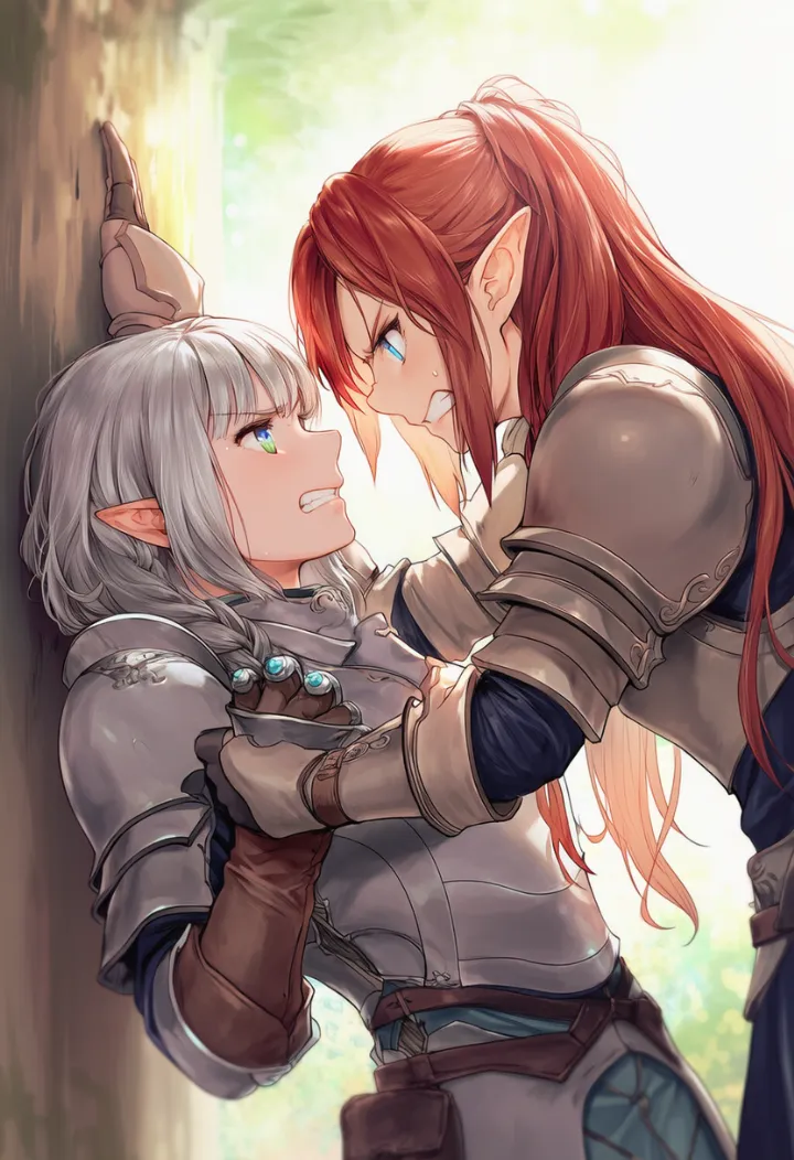 赤髪の女性エルフ戦士が銀髪エルフを壁に押さえつける横アングルのAIイラスト