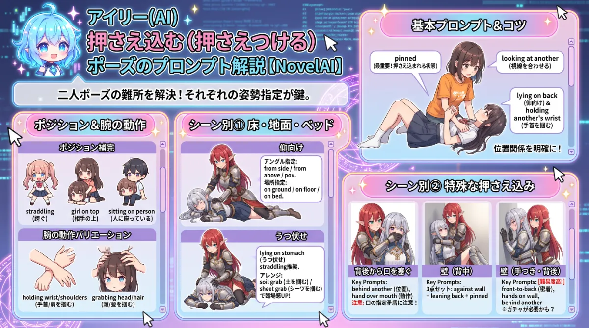 押さえ込む(押さえつける)ポーズのプロンプト解説【NovelAI】のまとめ用の図解イラスト(グラレコ)