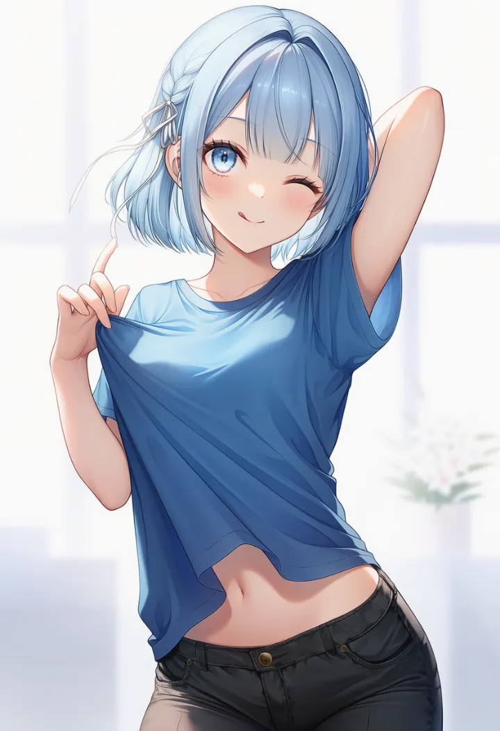 青いTシャツ姿でお腹を見せつけるポーズのAIイラスト