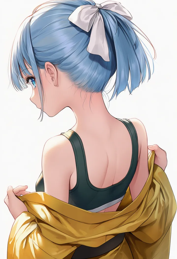 黄色い浴衣とスポーツブラ姿でうなじを見せつけるAIイラスト
