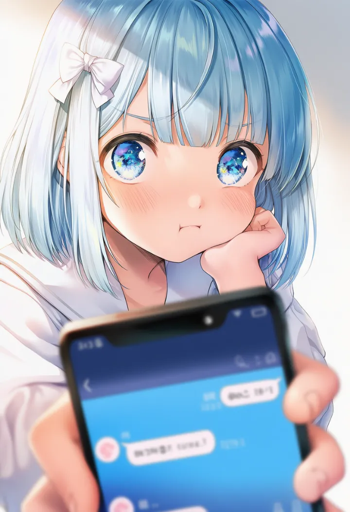 スマホ画面をこちらに差し出して見せつけるAIイラスト