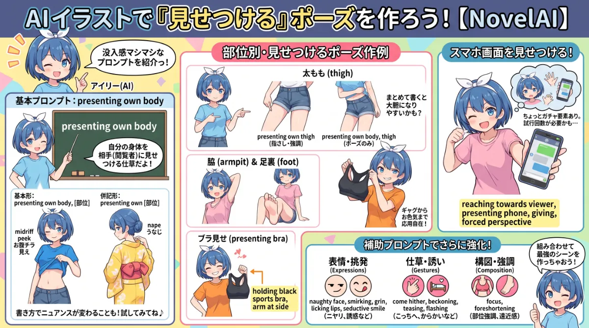 見せつけるプロンプト（身体・スマホ）【NovelAI】のまとめ用の図解イラスト（グラレコ）