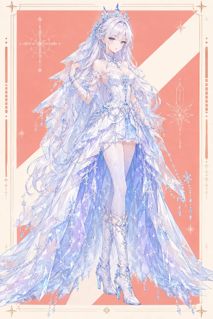 AIイラスト版｜透明ケープとハイロースカート、氷柱状パネルを使った雪の女王の服