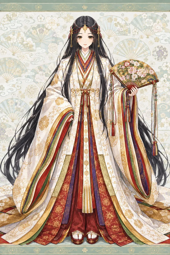 AIイラスト版｜多重襟と大きな角袖、唐衣と裳を重ねた十二単風の平安装束