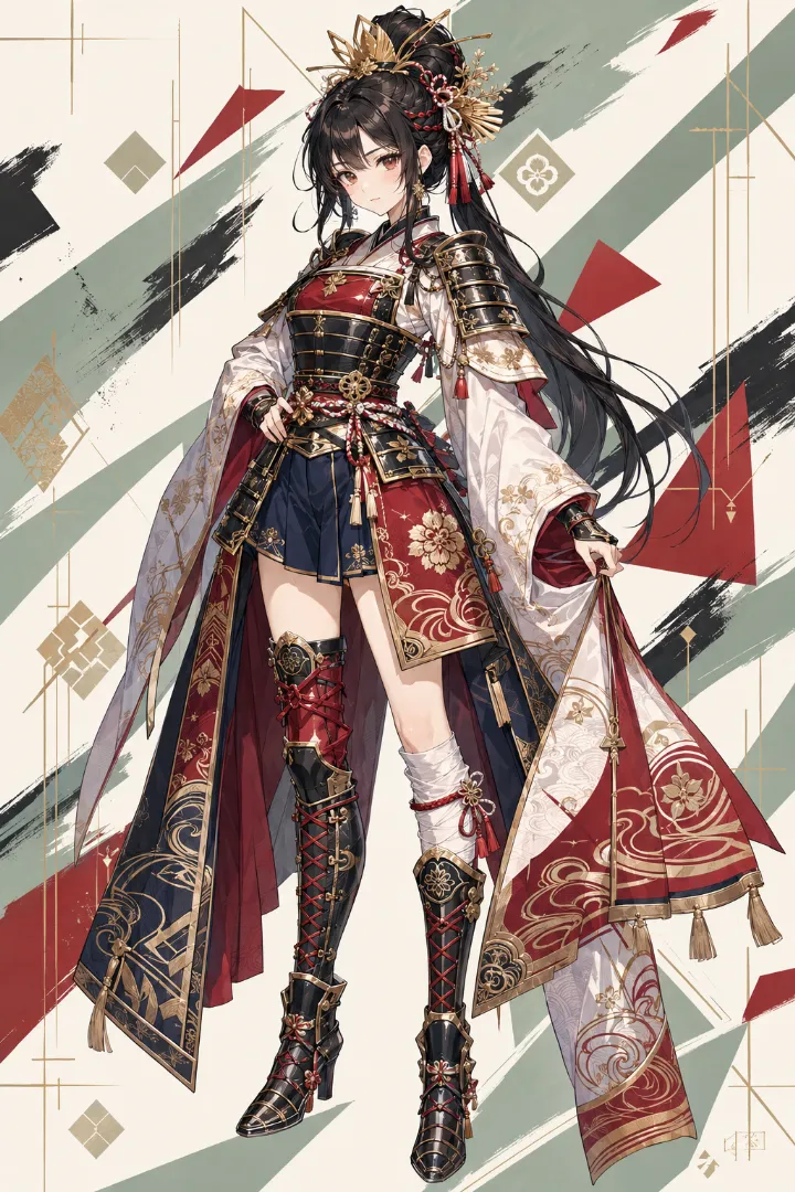 AIイラスト版｜胸当てと肩当て、袴風ミニスコートに打掛を重ねた姫武者の服