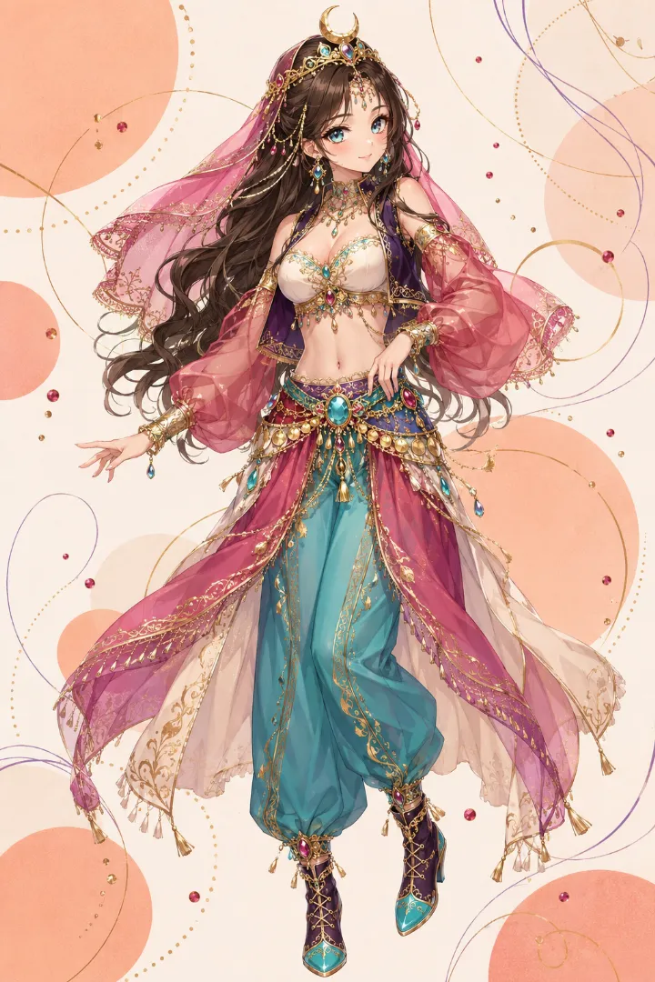 AIイラスト版｜ビスチェと短いボレロ、ふくらみ袖とハーレムパンツのアラビアンプリンセス衣装