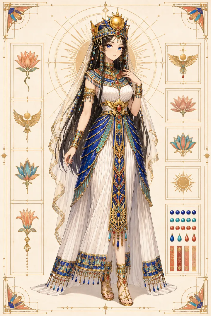 AIイラスト版｜大ぶりの首飾りとプリーツドレス、羽状腰布の古代エジプト王女衣装