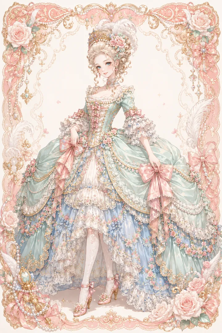 AIイラスト版｜細身ボディスと三段袖、大きなパニエを使ったロココ時代のお姫様衣装
