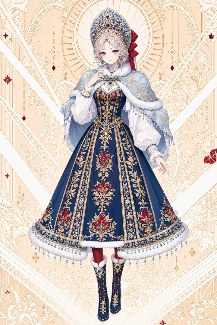 AIイラスト版｜長袖ブラウスと毛皮ケープ、ベル型スカートのロシア皇女衣装