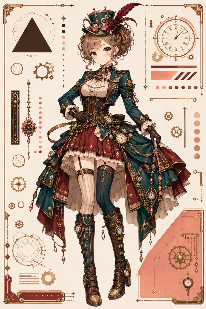 AIイラスト版｜ハイカラーブラウスとコルセット、バッスルを使ったスチームパンク衣装