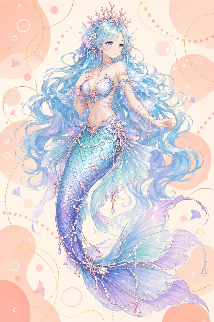 AIイラスト版｜ビスチェと鱗の胴体、三層の大きな尾びれを持つ人魚姫の衣装