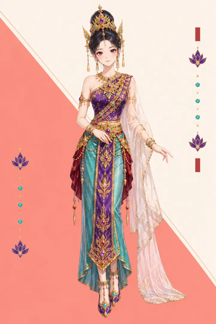 AIイラスト版｜ワンショルダーと片肩ドレープ、巻きスカートのタイ王朝のお姫様衣装