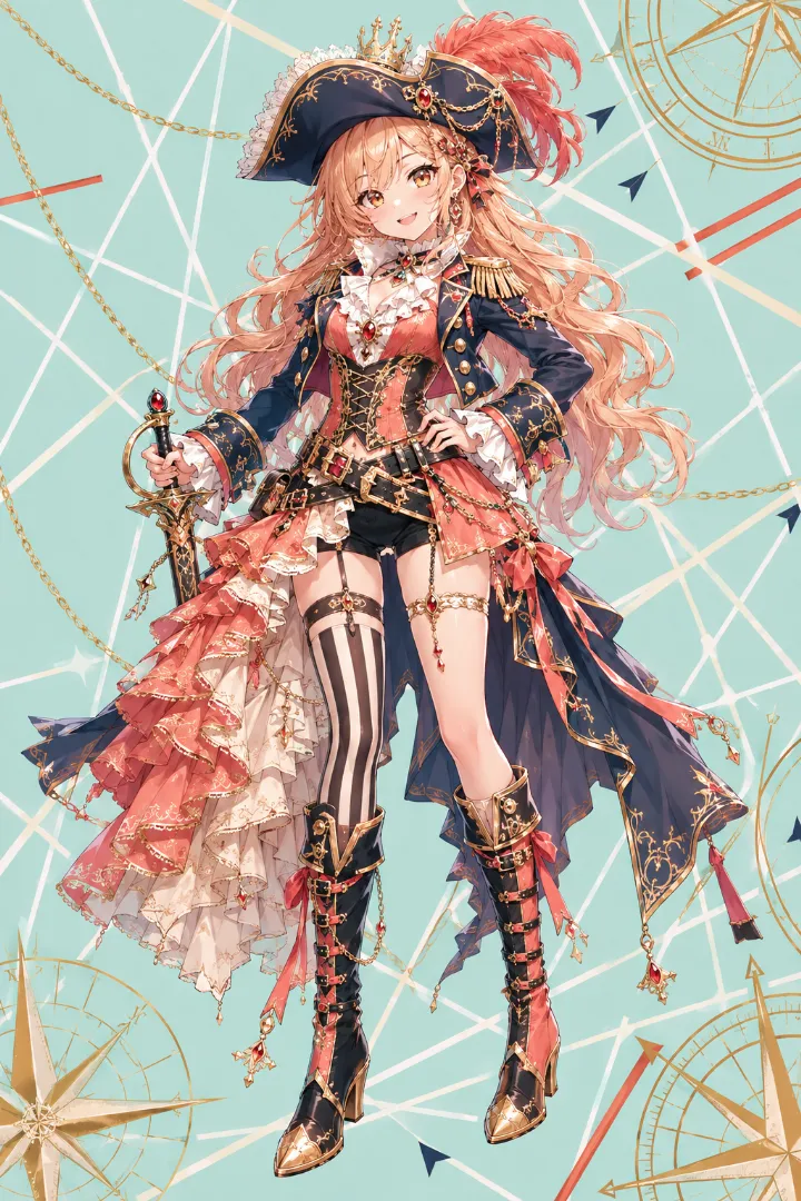 AIイラスト版｜フリル襟とコルセット、海賊ジャケットと左右非対称スカートの海賊姫の服