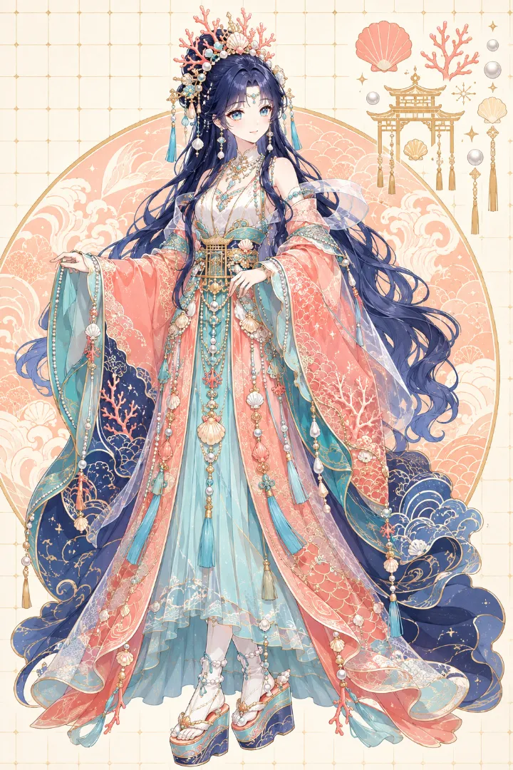 AIイラスト版｜大きな曲線袖と羽衣、ロングスカートを合わせた乙姫の衣装