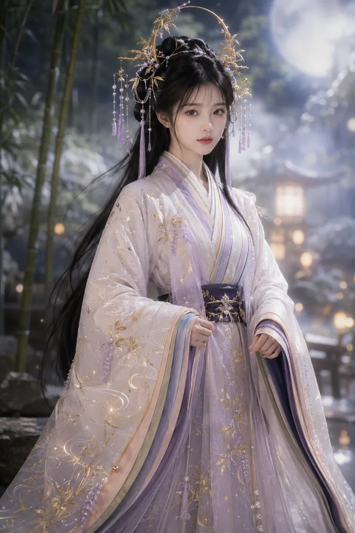 実写AI美女版｜五重襟と大きな重ね袖、袴風のロング丈ボトムスのかぐや姫衣装