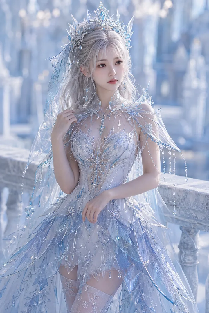 実写AI美女版｜透明ケープとハイロースカート、氷柱状パネルを使った雪の女王の服