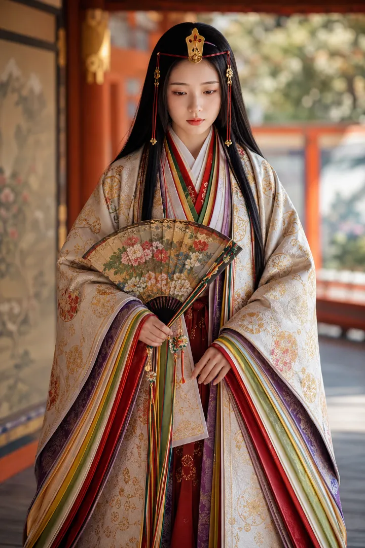 実写AI美女版｜多重襟と大きな角袖、唐衣と裳を重ねた十二単風の平安装束