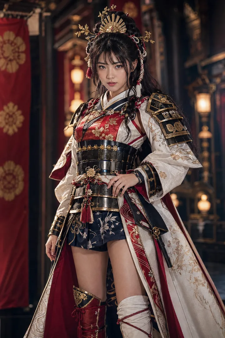実写AI美女版｜胸当てと肩当て、袴風ミニスコートに打掛を重ねた姫武者の服