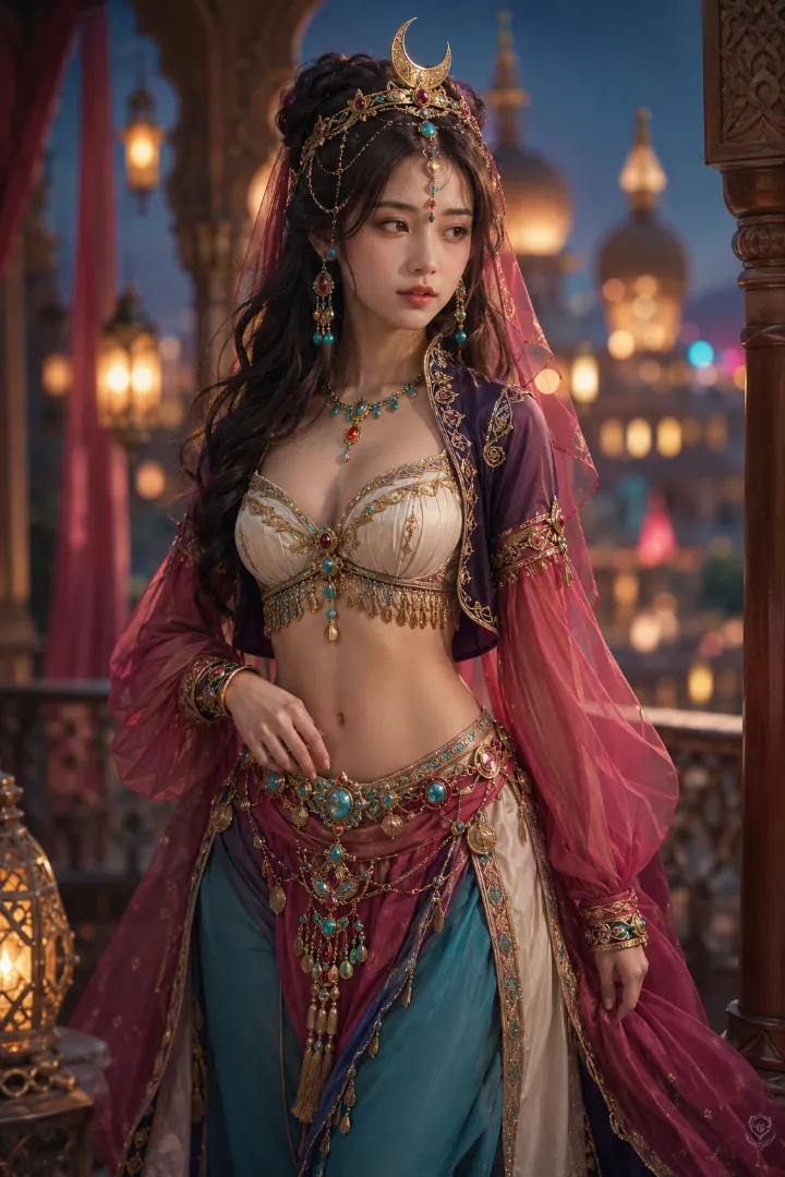 実写AI美女版｜ビスチェと短いボレロ、ふくらみ袖とハーレムパンツのアラビアンプリンセス衣装