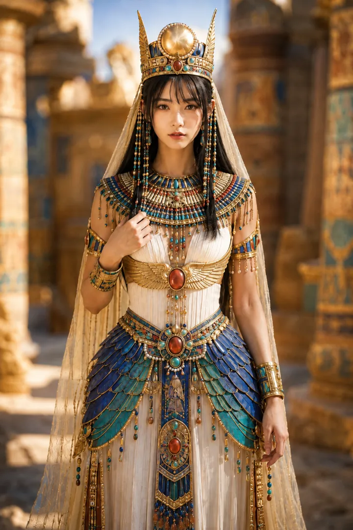 実写AI美女版｜大ぶりの首飾りとプリーツドレス、羽状腰布の古代エジプト王女衣装