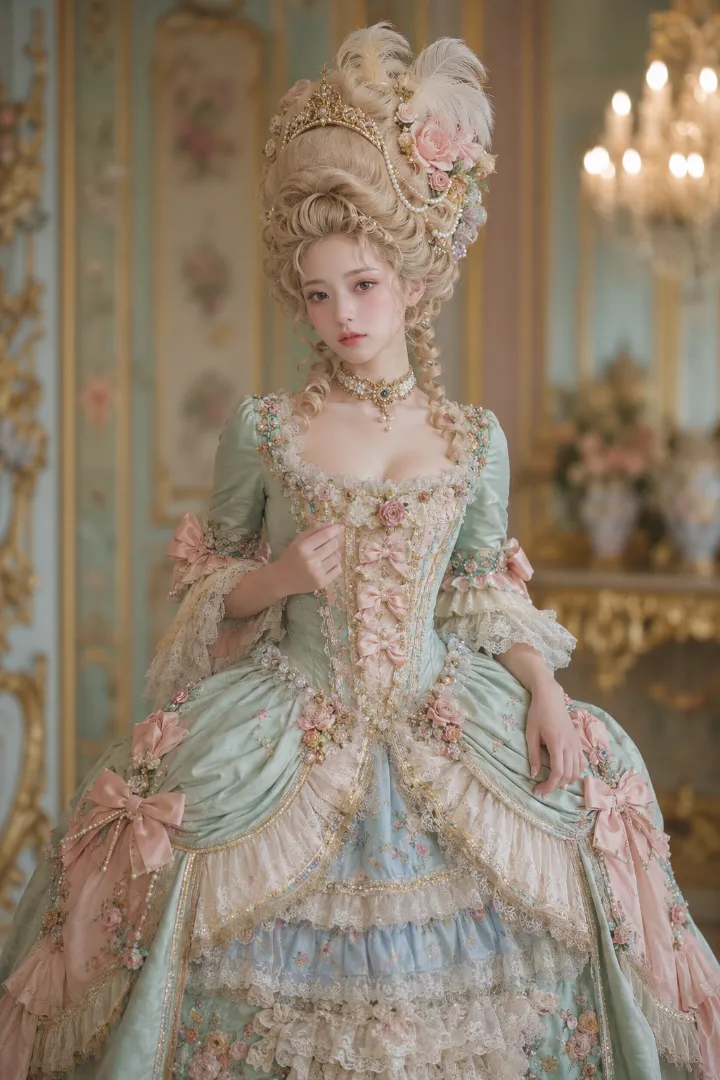 実写AI美女版｜細身ボディスと三段袖、大きなパニエを使ったロココ時代のお姫様衣装