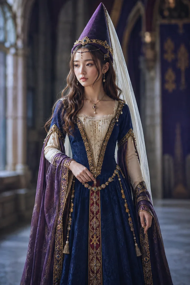 実写AI美女版｜編み上げインナーと長い垂れ袖、引き裾の中世ヨーロッパのお姫様衣装
