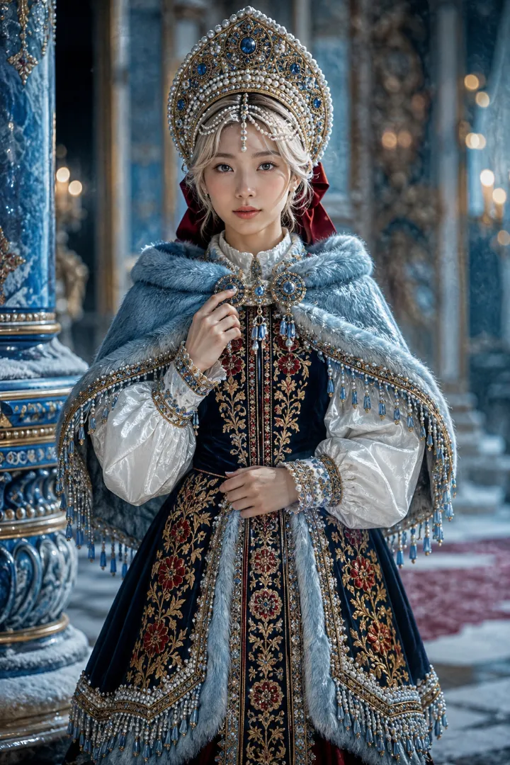 実写AI美女版｜長袖ブラウスと毛皮ケープ、ベル型スカートのロシア皇女衣装
