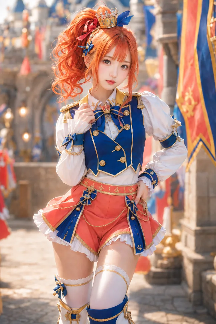 実写AI美女版｜パフ袖ブラウスと王子風ジャケット、ミニスコートのおてんば姫の服