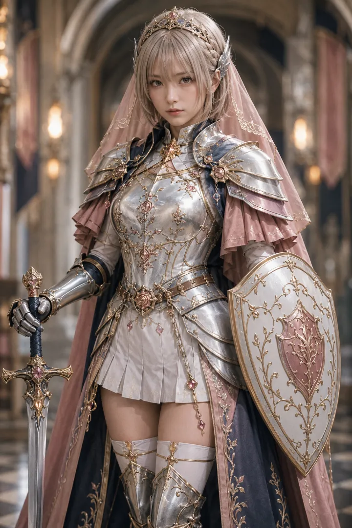 実写AI美女版｜白いミニ衣装に銀の胸当て、肩鎧と腰鎧を合わせた姫騎士の服