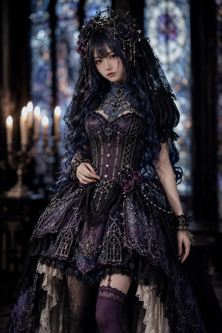 実写AI美女版｜ハイレース襟とコルセット、ハイロースカートのゴシックプリンセス衣装