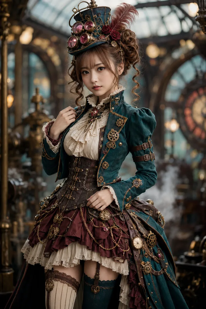 実写AI美女版｜ハイカラーブラウスとコルセット、バッスルを使ったスチームパンク衣装