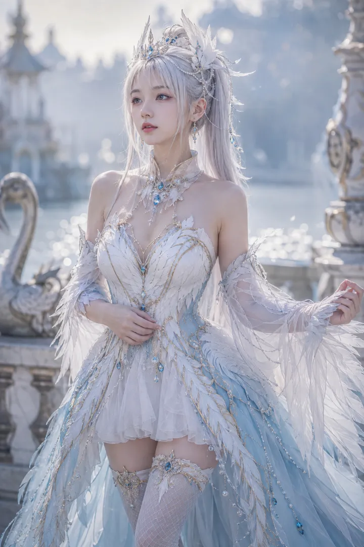 実写AI美女版｜羽根のボディスと翼状の袖、長い尾羽トレーンの白鳥の姫衣装