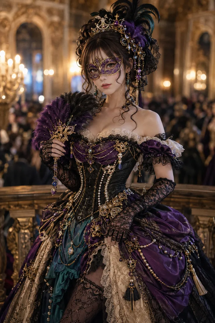 実写AI美女版｜オフショルダーと黒コルセット、重ねスカートのヴェネツィア仮面舞踏会衣装
