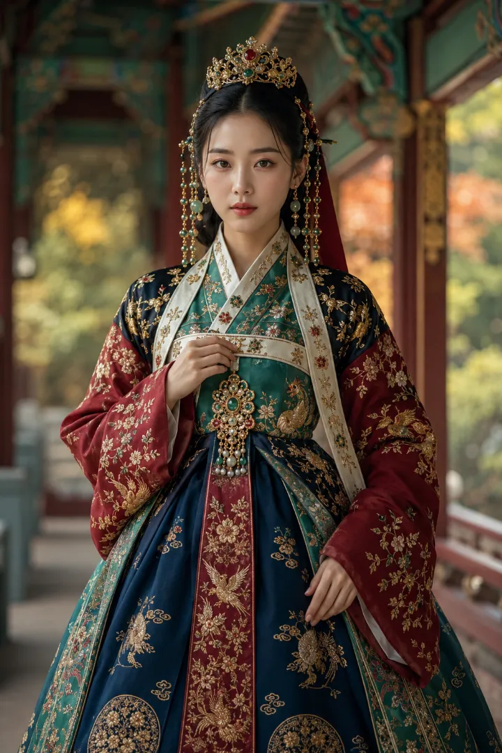 実写AI美女版｜短い上衣と儀礼帯、ふくらみのあるチマの朝鮮王朝宮廷衣装