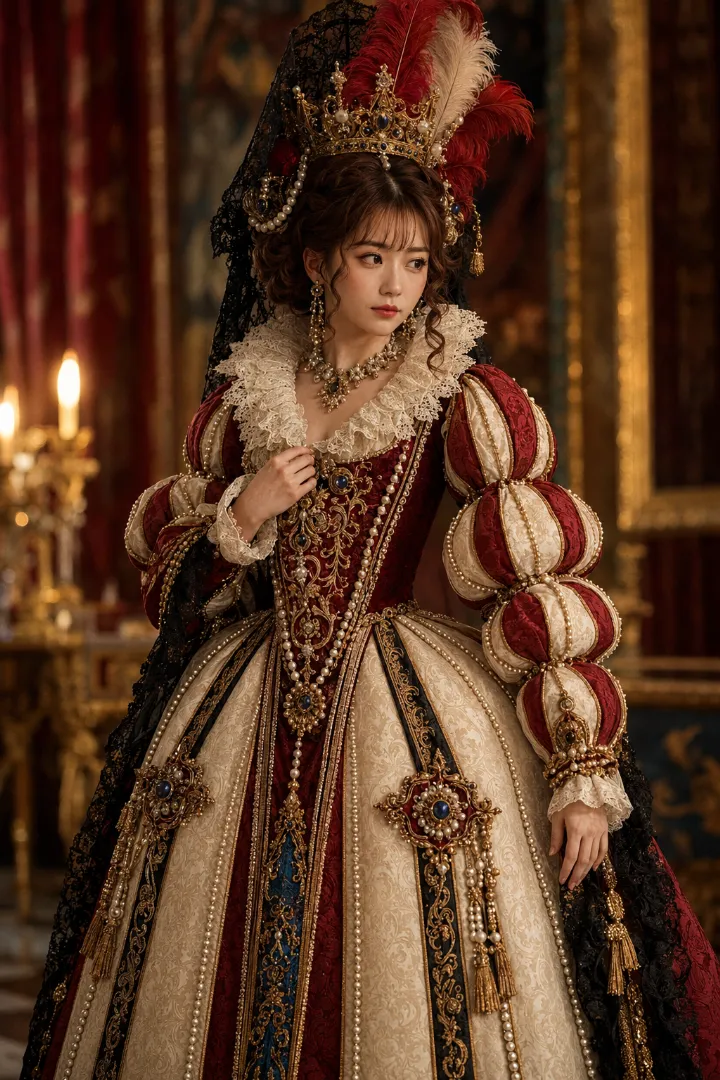実写AI美女版｜高いラフと細身ボディス、大きく広がるスカートのスペイン宮廷衣装