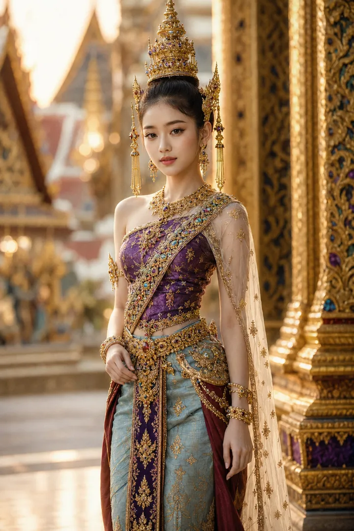 実写AI美女版｜ワンショルダーと片肩ドレープ、巻きスカートのタイ王朝のお姫様衣装