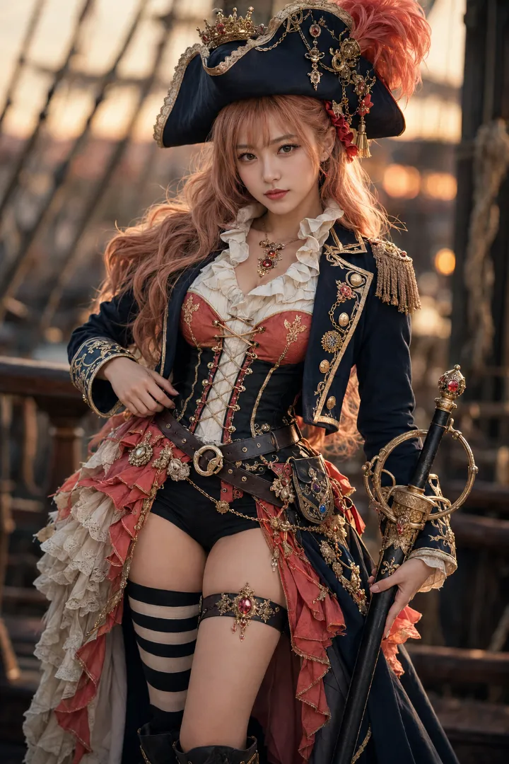 実写AI美女版｜フリル襟とコルセット、海賊ジャケットと左右非対称スカートの海賊姫の服