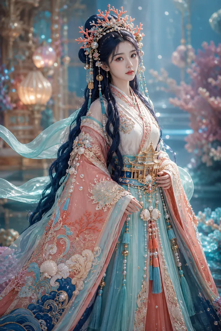 実写AI美女版｜大きな曲線袖と羽衣、ロングスカートを合わせた乙姫の衣装