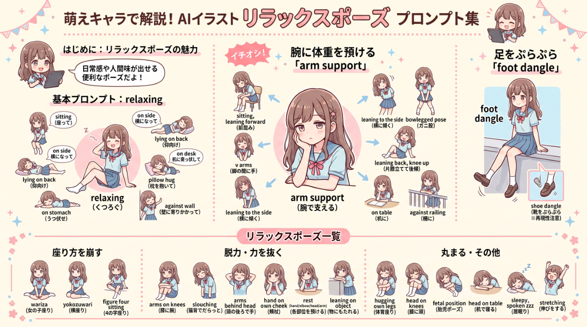 リラックスしたポーズのプロンプト集【NovelAI】のまとめ用の図解イラスト（グラレコ）