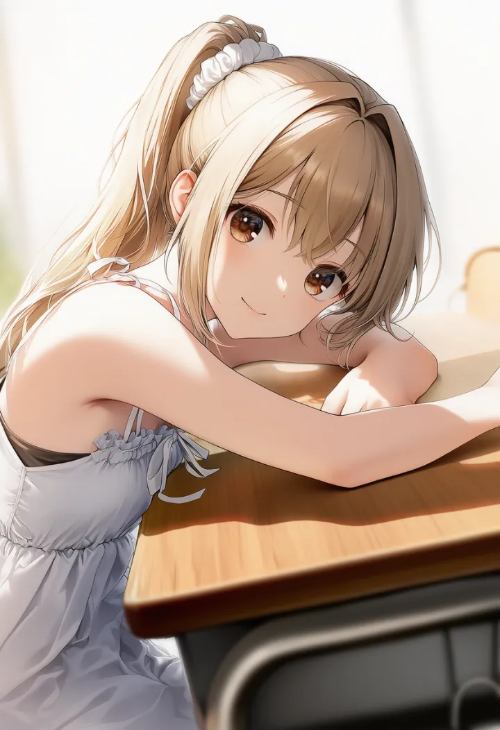 机に突っ伏してリラックスするポーズのAIイラスト