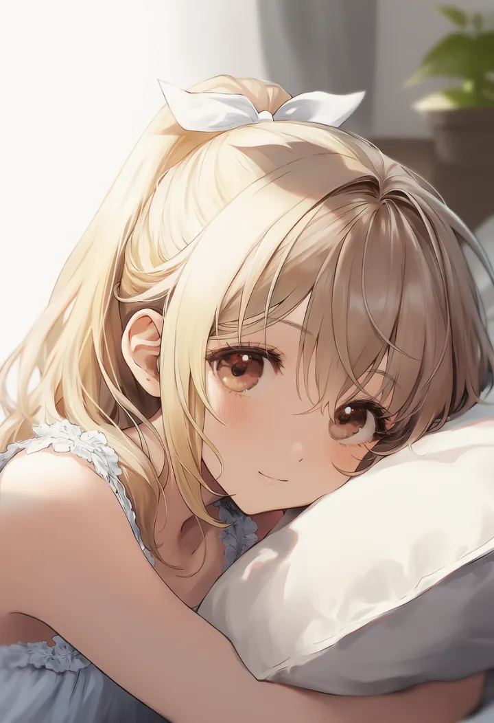 枕を抱いてうつ伏せでリラックスするポーズのAIイラスト