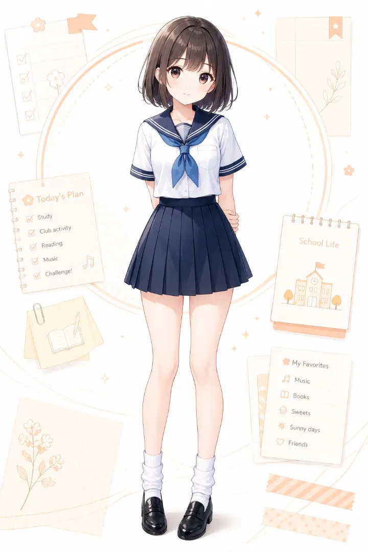AIイラスト版|白×ブルーの半袖セーラー服に紺のプリーツスカート、白ソックスと黒ローファーのコーデ