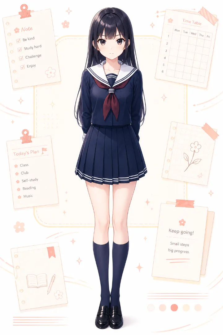 AIイラスト版|紺×白の長袖セーラー服に紺のプリーツスカート、ハイソックスと黒ローファーのコーデ