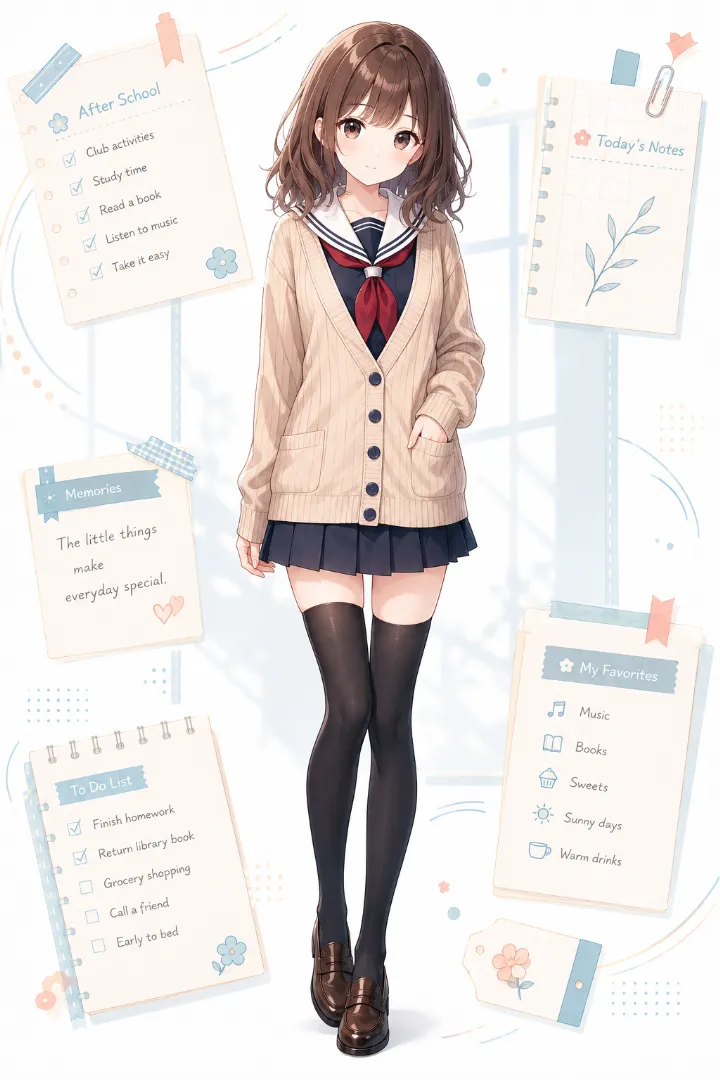 AIイラスト版|紺のセーラー服にベージュのカーディガン、紺のプリーツスカートを合わせたコーデ