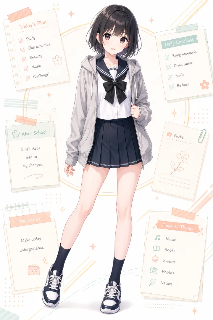 AIイラスト版|白×紺のセーラー服にグレーのジップパーカー、紺のプリーツスカートを合わせたコーデ