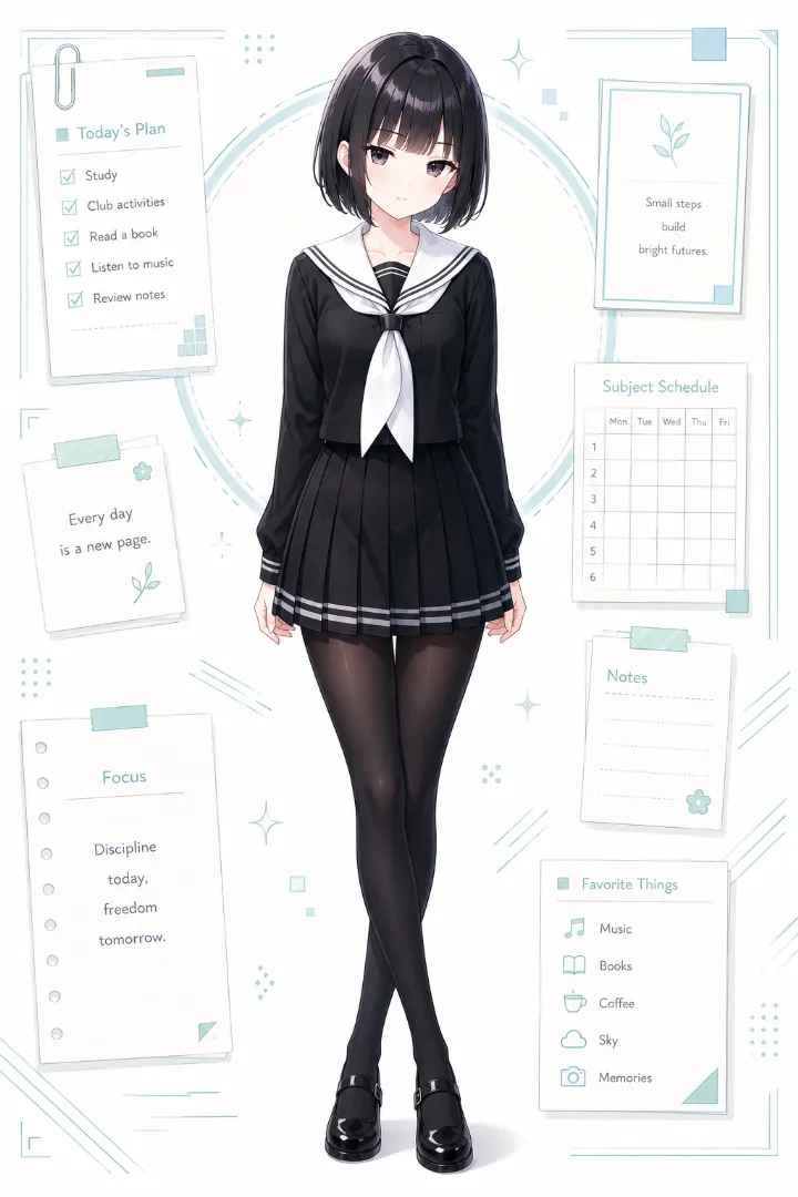 AIイラスト版|黒×白の長袖セーラー服に黒のプリーツスカート、黒タイツとメリージェーンのコーデ